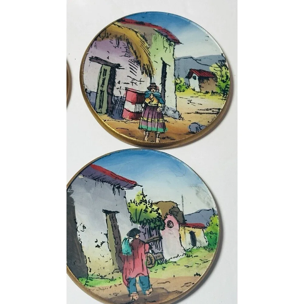 Peru Reverse Painted Glass & Wood Coasters Village Folk Art  Set of 6 w/ Holder